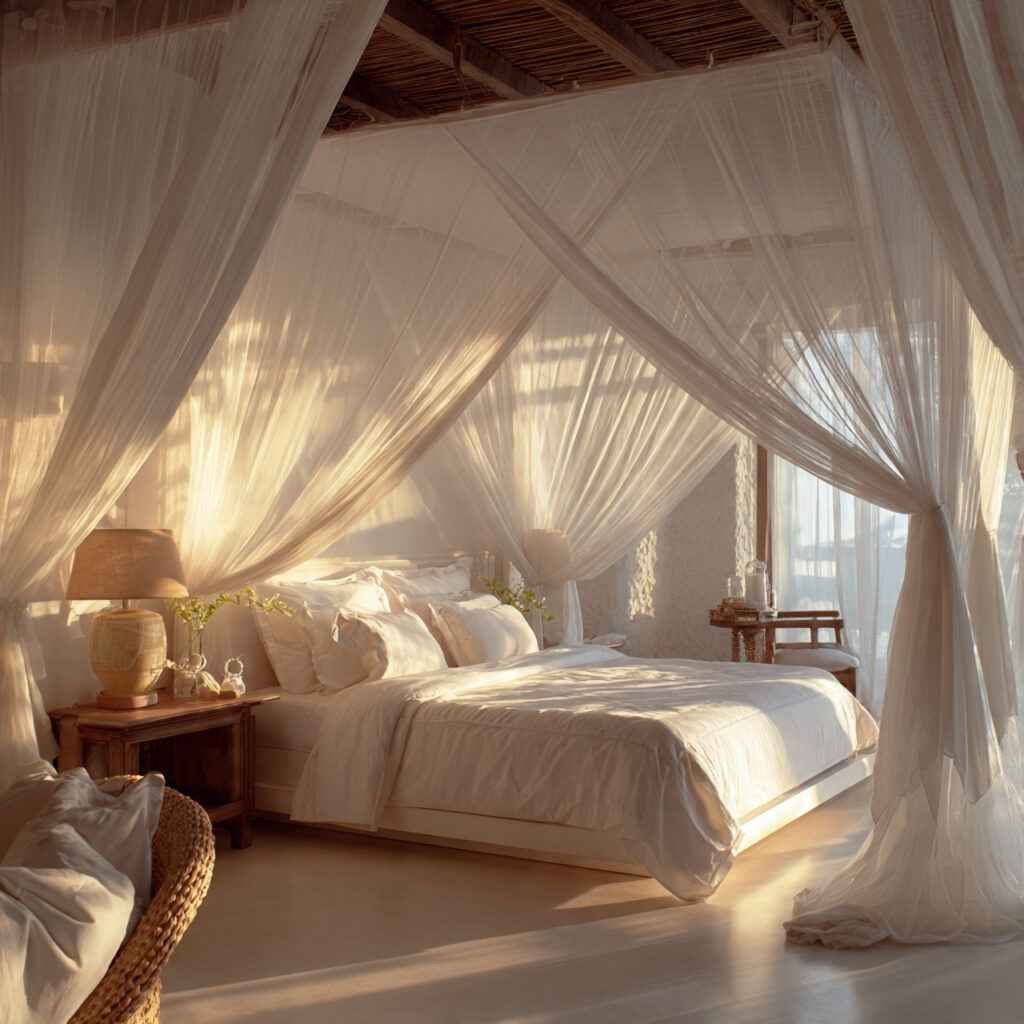 Sheer White Canopy Draped Over the Bed