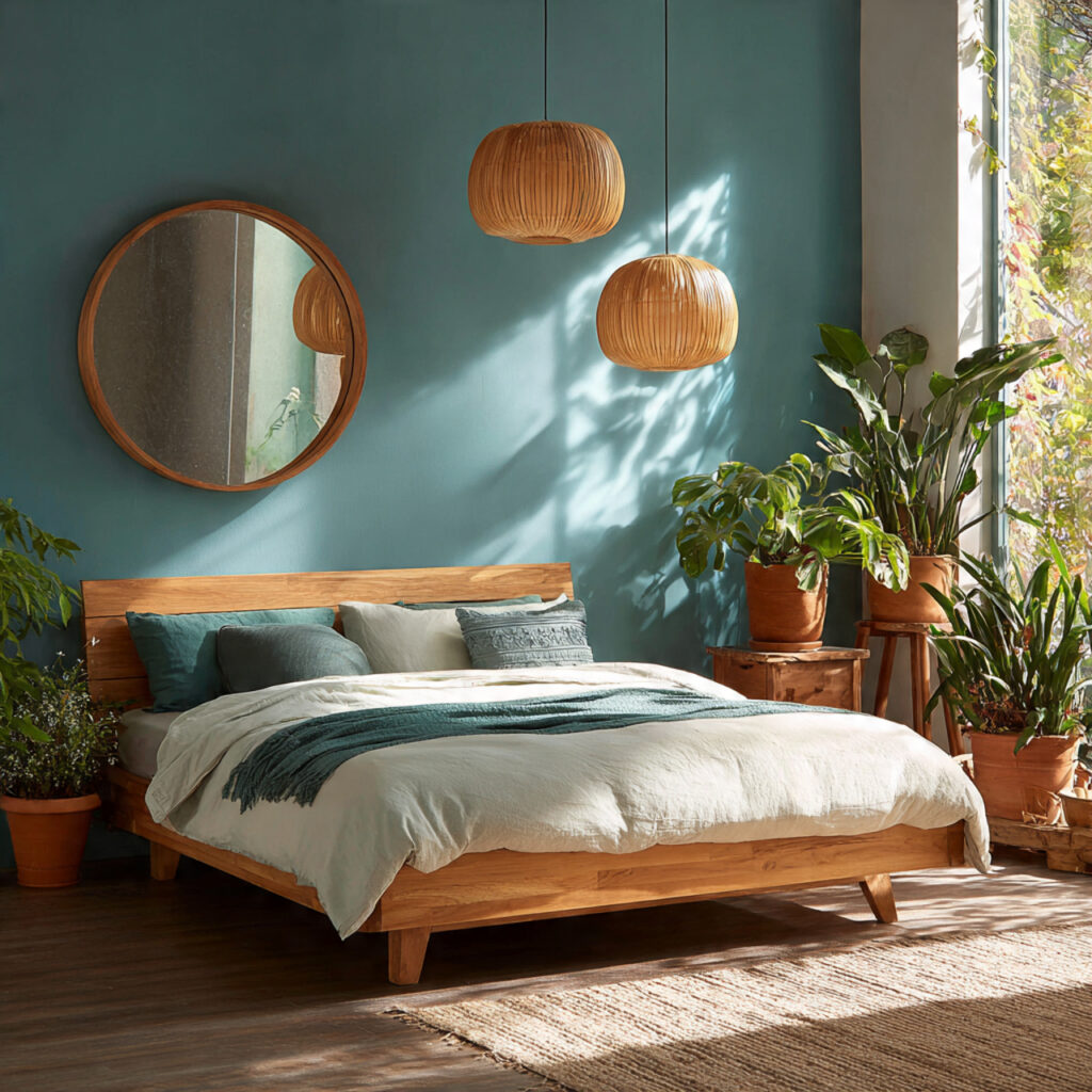 Teal Blue and Natural Wood Warm Coastal Bedroom