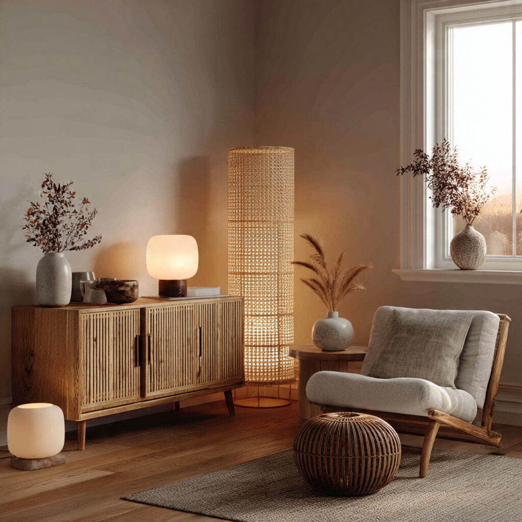 17 Cozy Summer Living Room Ideas That Feel Relaxing and Stylish Start Decorating Now 6 Warm Glow Lamp Cluster With Rattan and Ceramic Shades