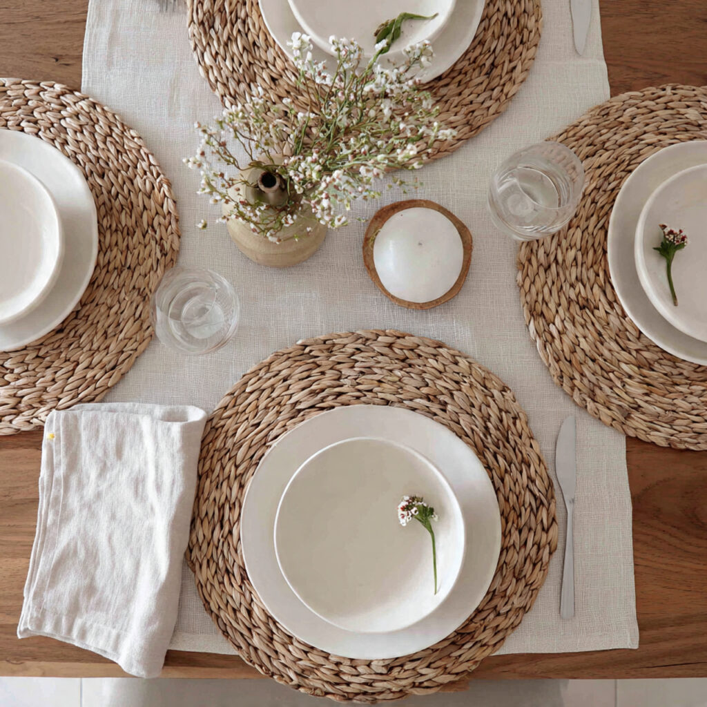 Woven Placemat Setup With Bud Vase Place Settings