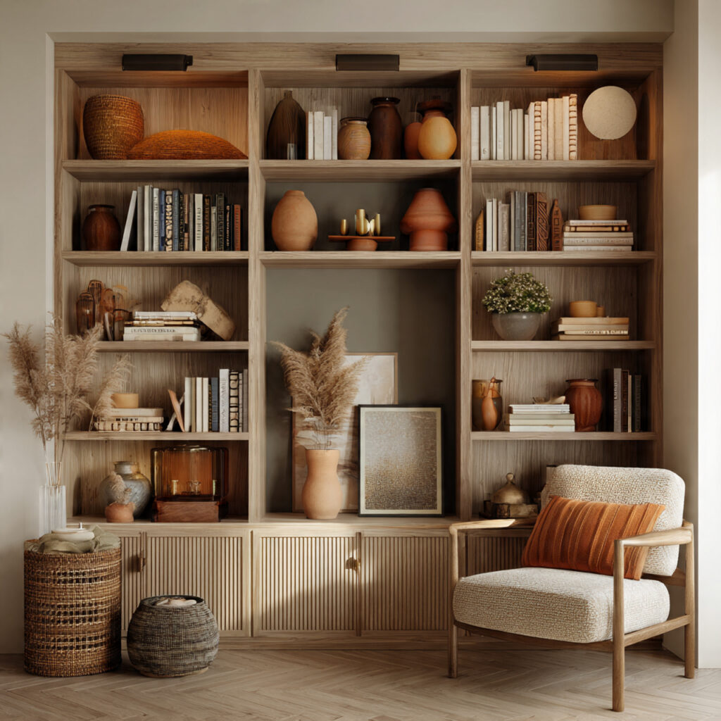 17 Cozy Summer Living Room Ideas That Feel Relaxing and Stylish Start Decorating Now 7 Built-In Bookshelf Styled With Warm Toned Accessories