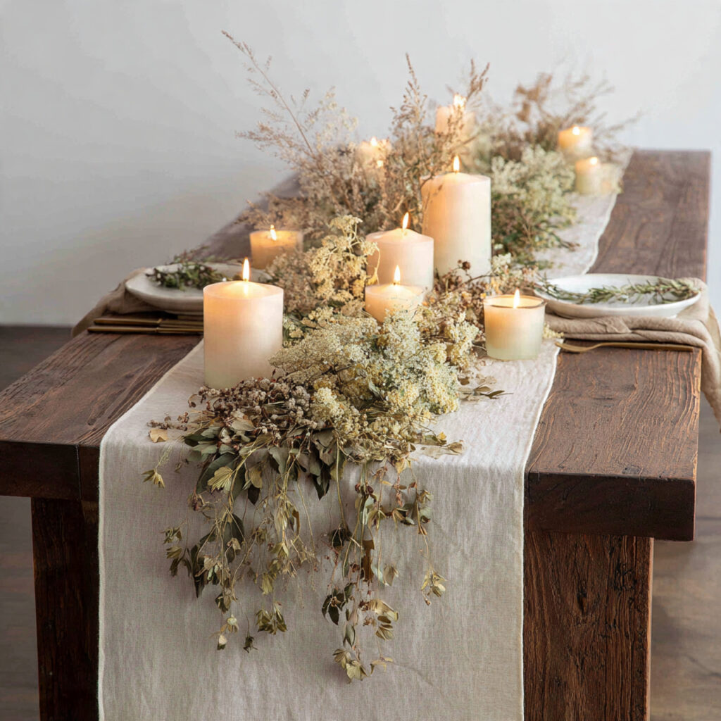 Dried Botanical Table Runner With Pillar Candles
