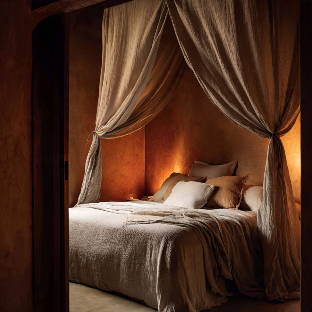 Linen Canopy Bed With Sheer Draping and Warm Light