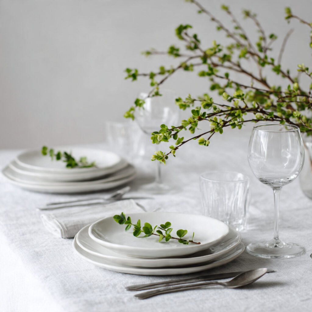 12 April Table Setting Ideas That Create a Bright and Elegant Spring Dining Experience You Must Try 7 Minimalist White and Green April Place Setting