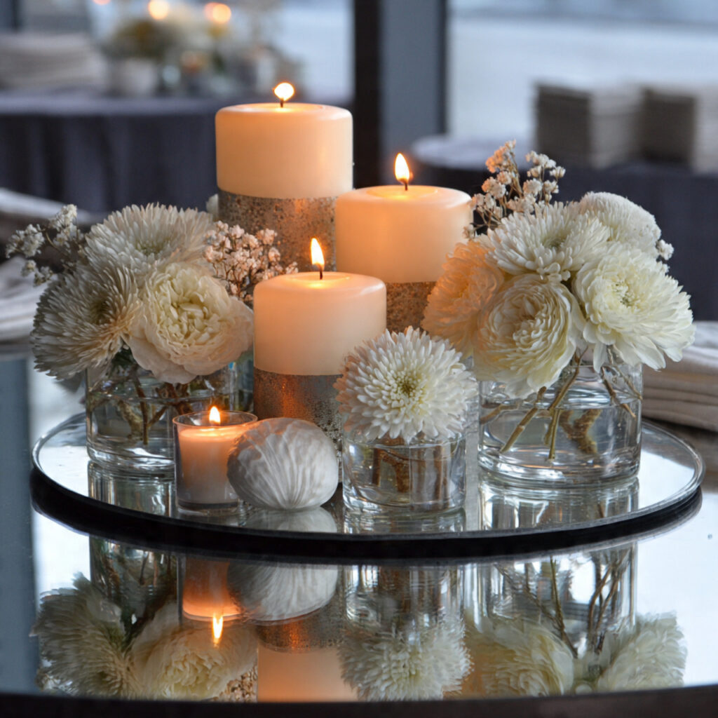 19 April Showers Table Decorations That Create a Fresh Rainy Spring Theme Start Styling Your Table Today 7 Raindrop Votive Candle Cluster on a Mirror Base