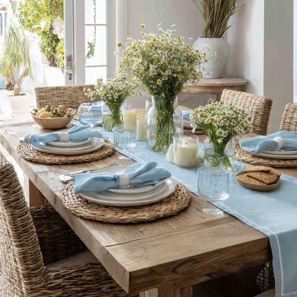 Sky Blue and Natural Rattan Coastal Spring Table