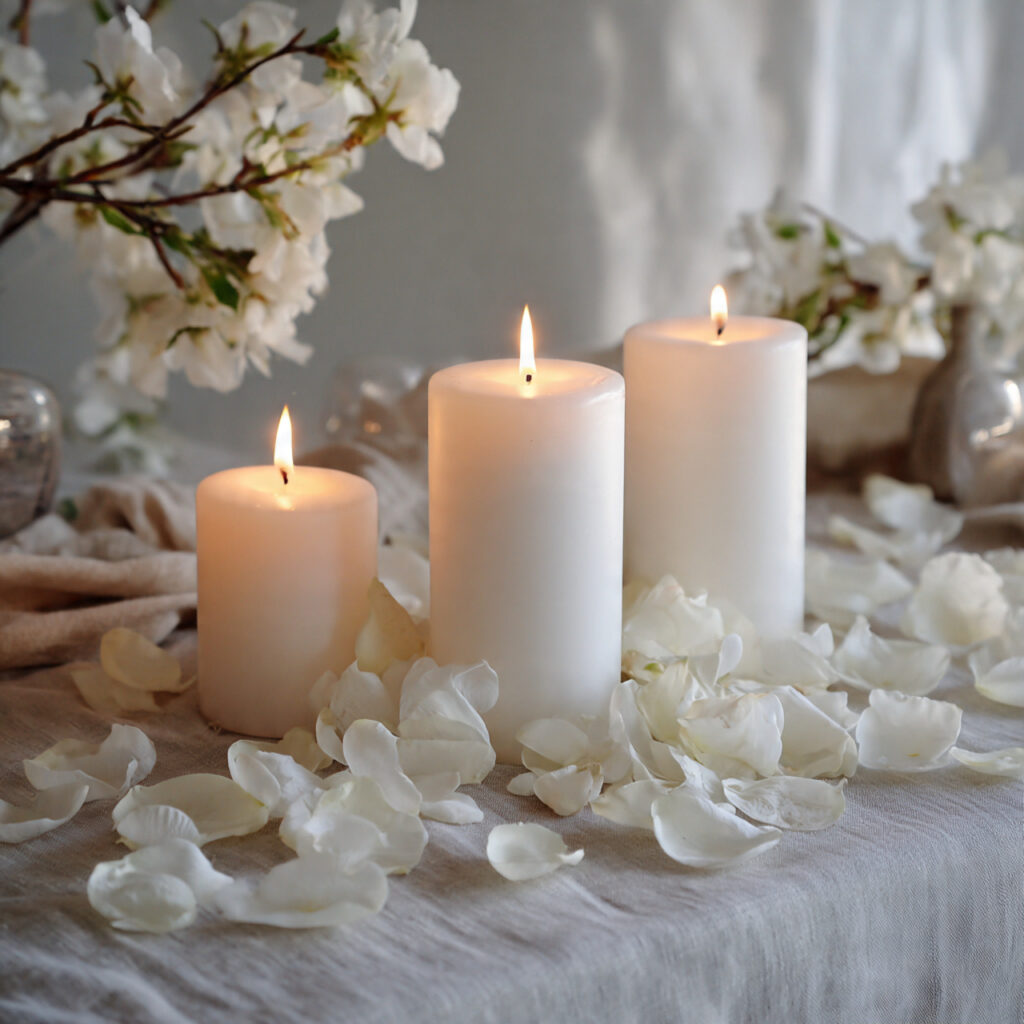 White Candle and Petal Scatter Centerpiece