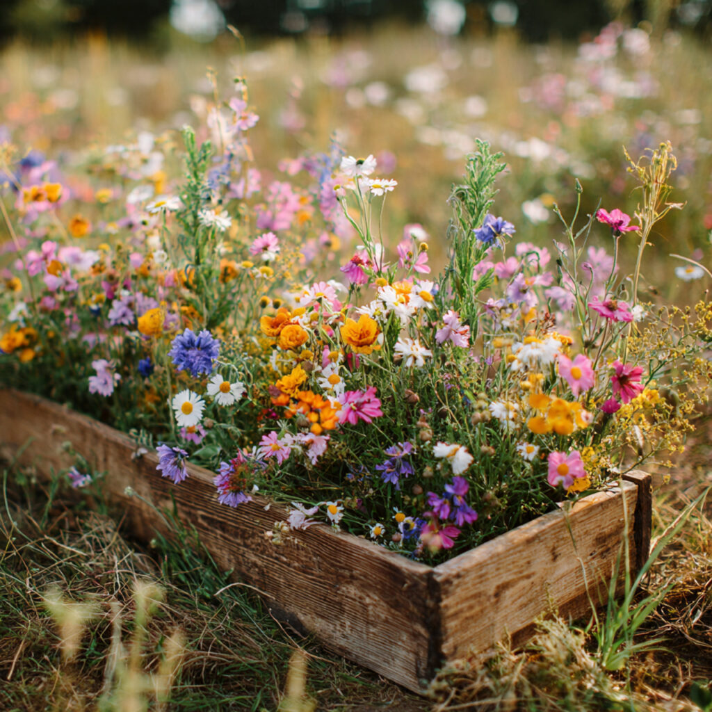 Wildflower Meadow Centerpiece in a Wooden Trough