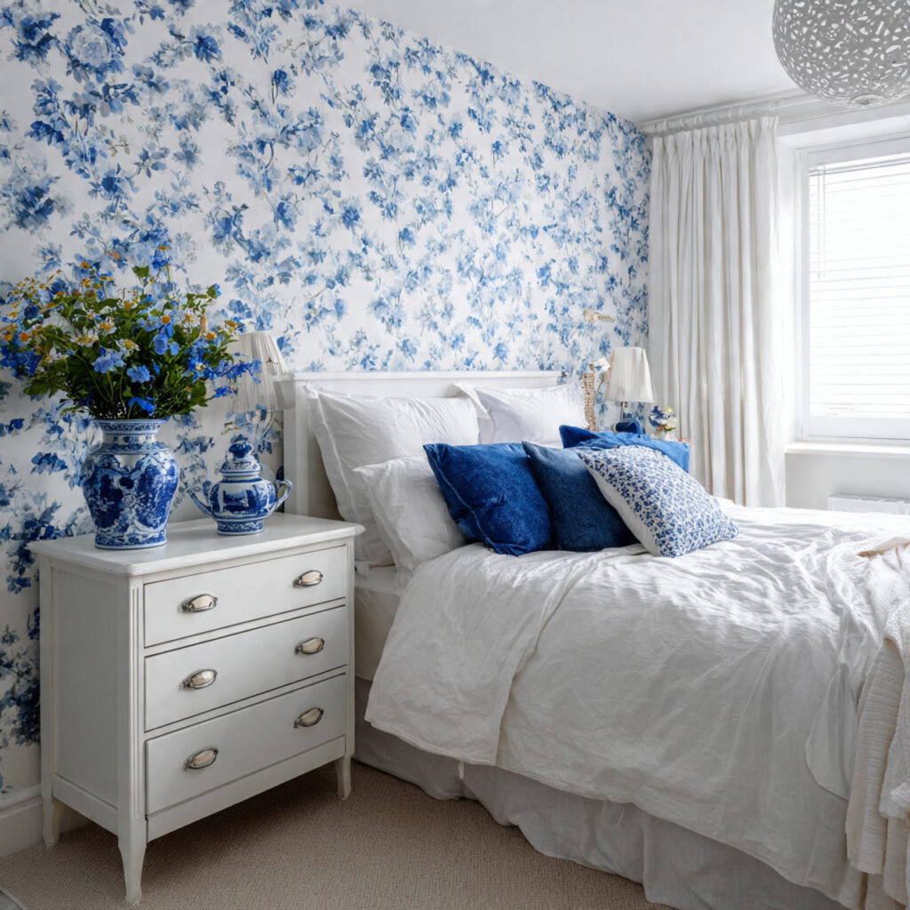 Blue and White Floral Wallpaper Feature Wall Bedroom