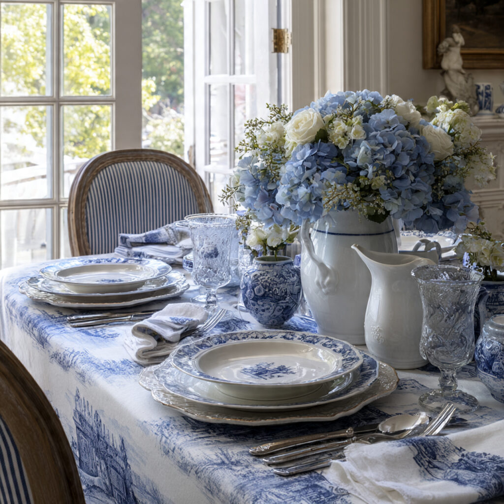 Blue Toile Tablecloth With White Dinnerware and Spring Garden Styling