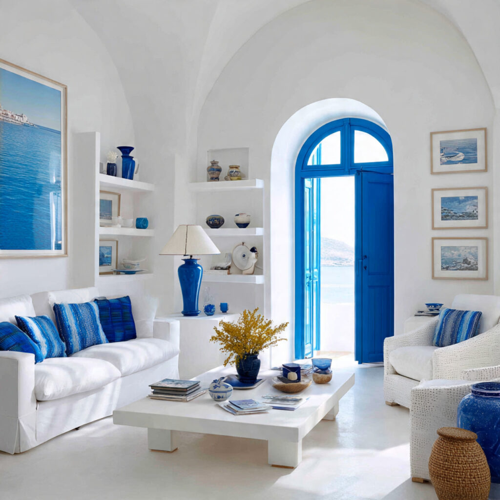 Greek Island-Inspired All-White Room With Blue Accent Pops