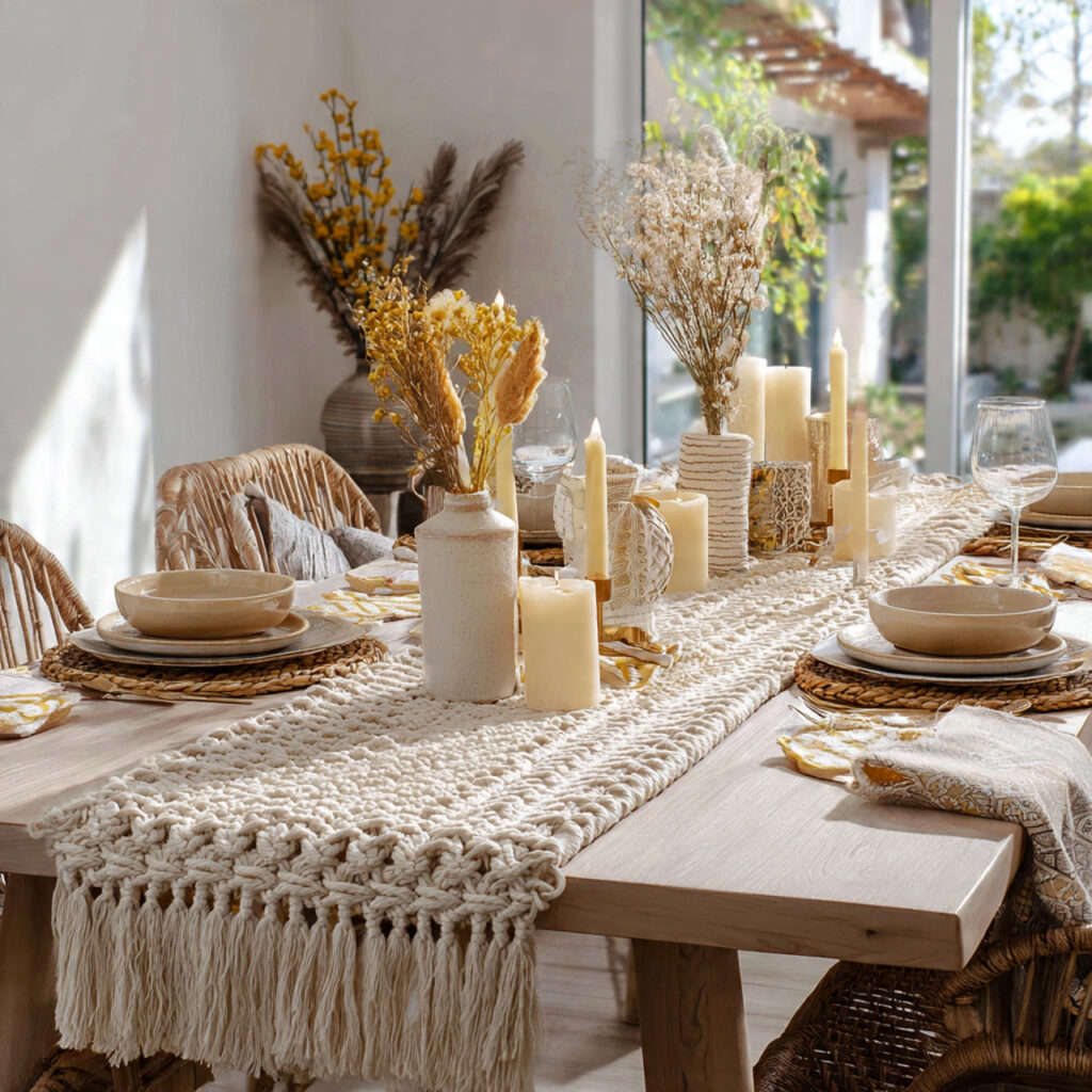 Macrame Woven Runner With Boho Spring Accents