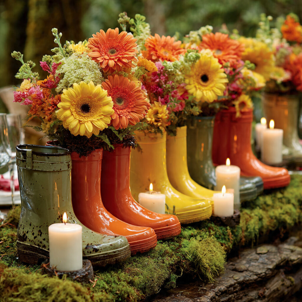 19 April Showers Table Decorations That Create a Fresh Rainy Spring Theme Start Styling Your Table Today 8 Wellies and Garden Flower Boot Vase Display
