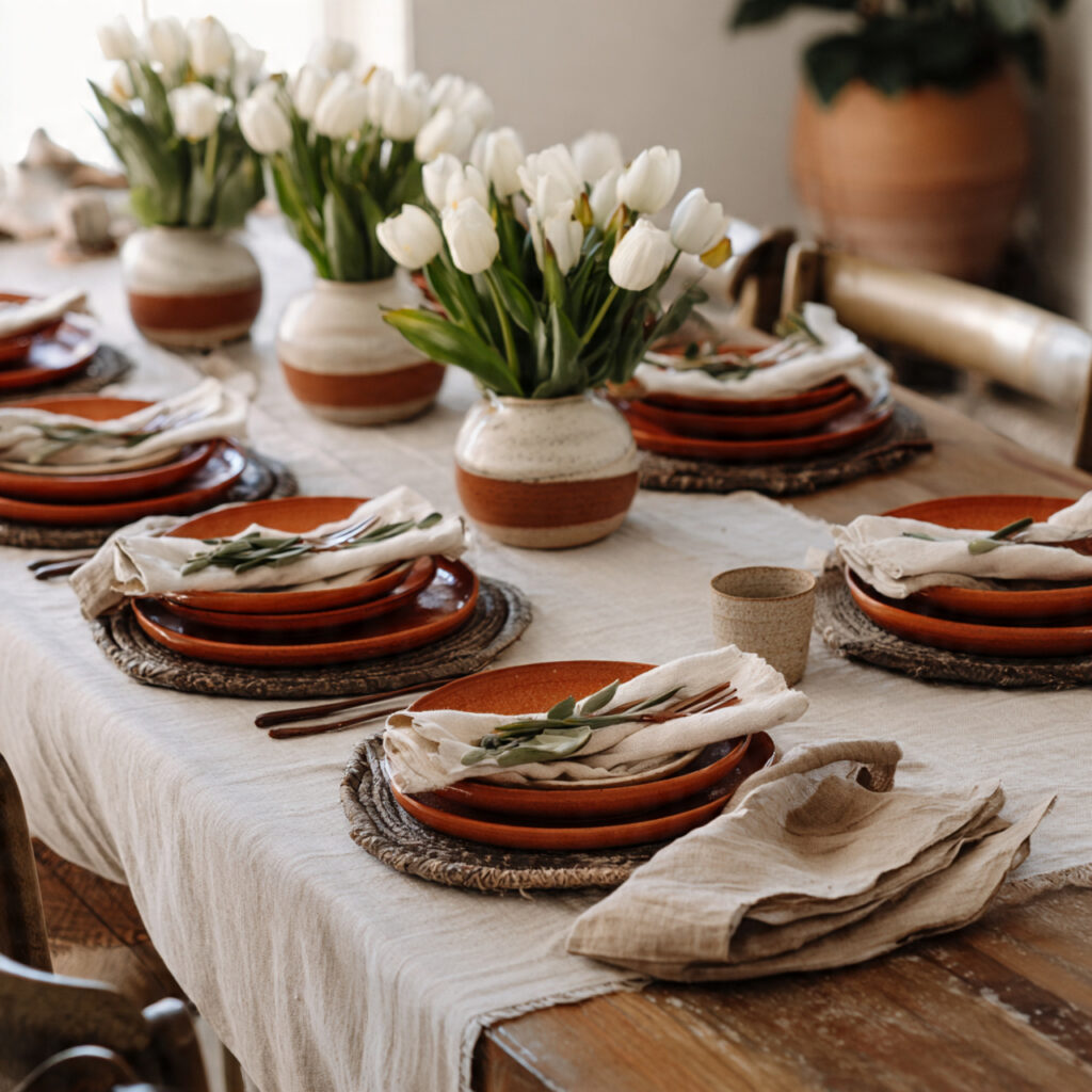 12 April Table Setting Ideas That Create a Bright and Elegant Spring Dining Experience You Must Try 8 Terracotta and Cream Place Setting With Handmade Pottery