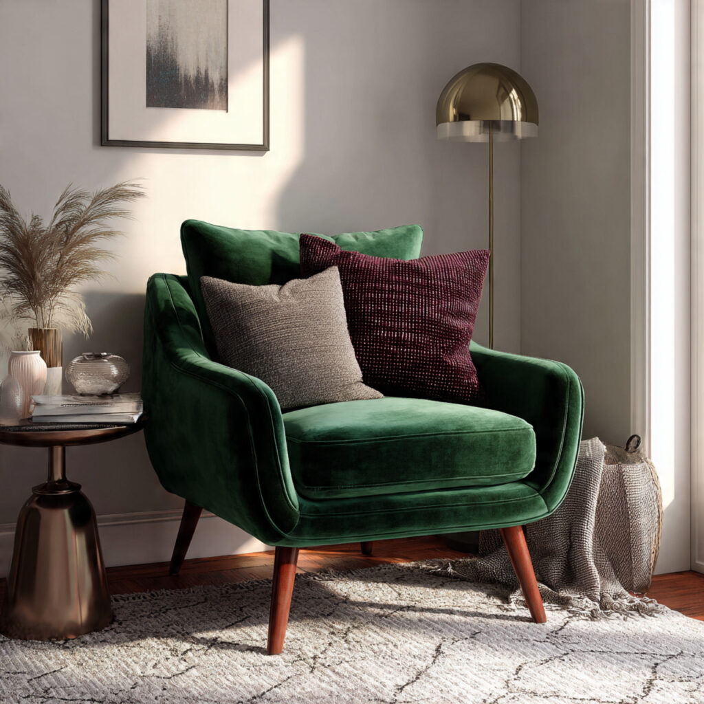 17 Cozy Summer Living Room Ideas That Feel Relaxing and Stylish Start Decorating Now 8 Velvet Accent Chair in a Deep Jewel Tone