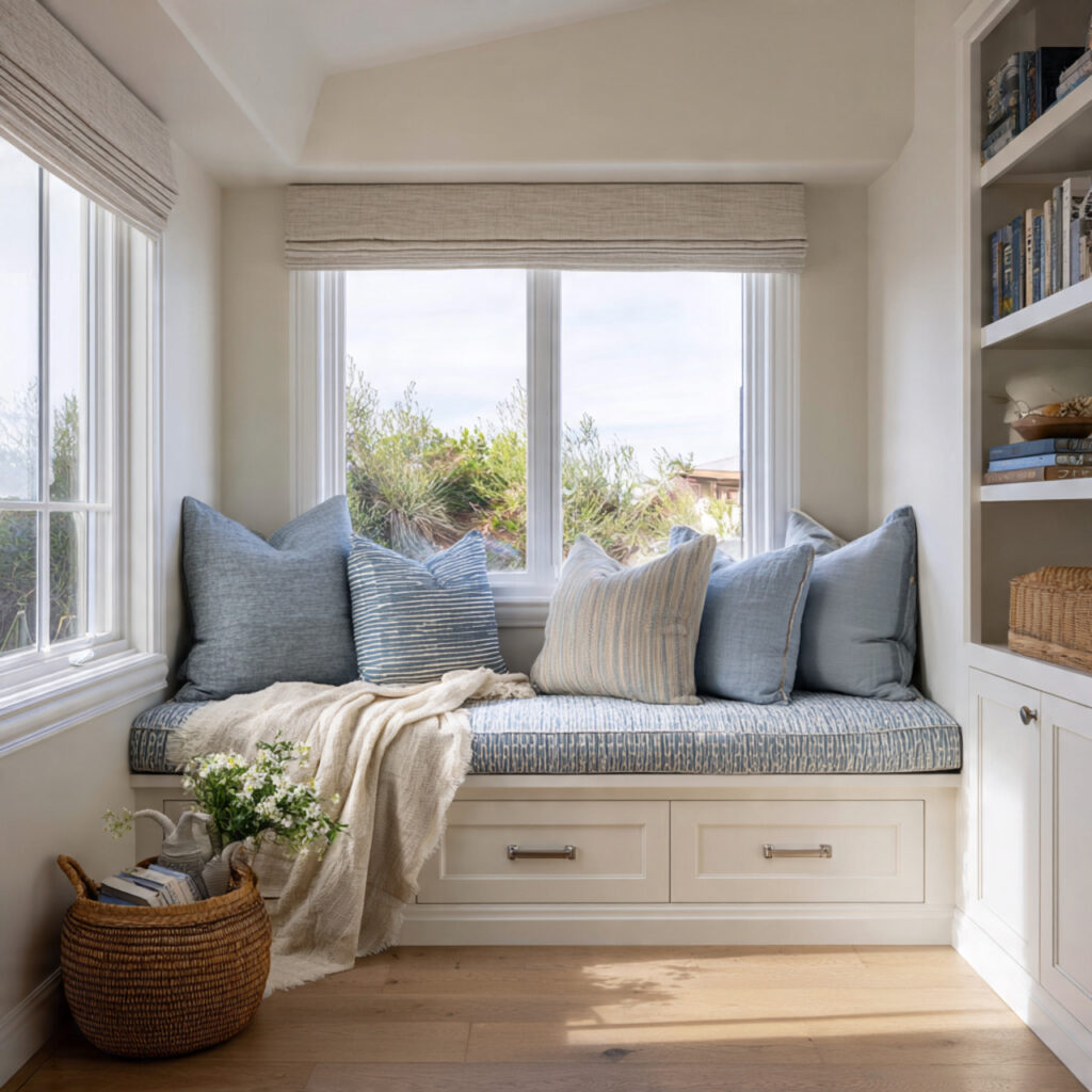 Built-In Window Seat With Coastal Storage and Cushioning