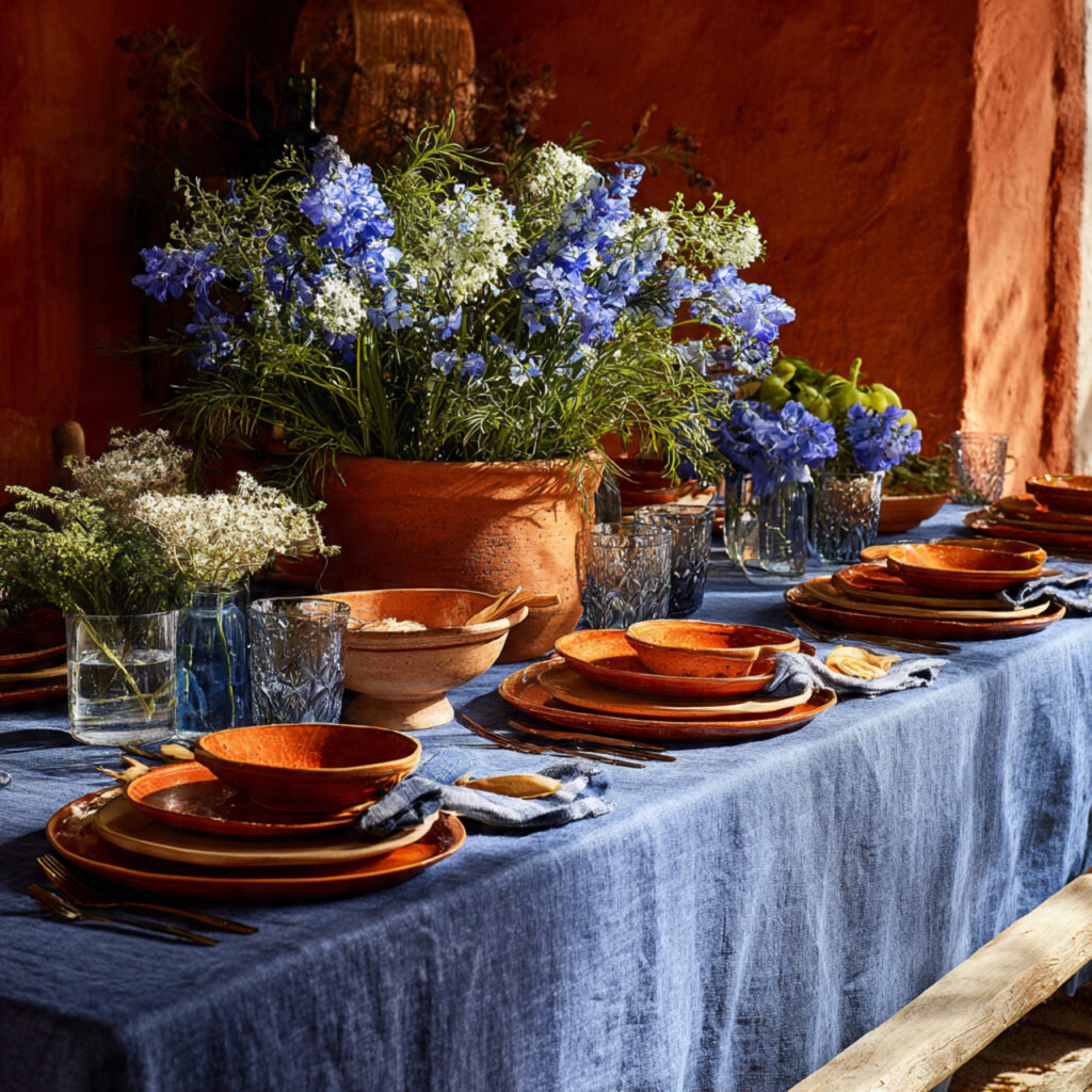 Denim Blue and Terracotta Mediterranean Table Setup