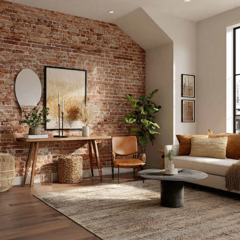 17 Cozy Summer Living Room Ideas That Feel Relaxing and Stylish Start Decorating Now 9 Exposed Brick or Stone Wall With Warm Decor Layering