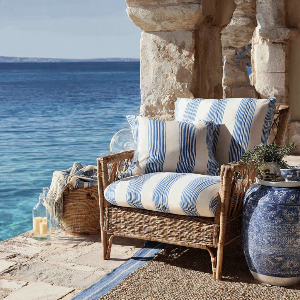 French Riviera-Inspired Striped Textile and Rattan Combination