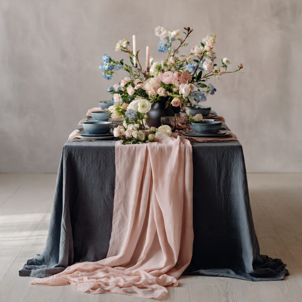 19 April Showers Table Decorations That Create a Fresh Rainy Spring Theme Start Styling Your Table Today 9 Storm Grey and Blush Layered Linen Table With Spring Botanicals