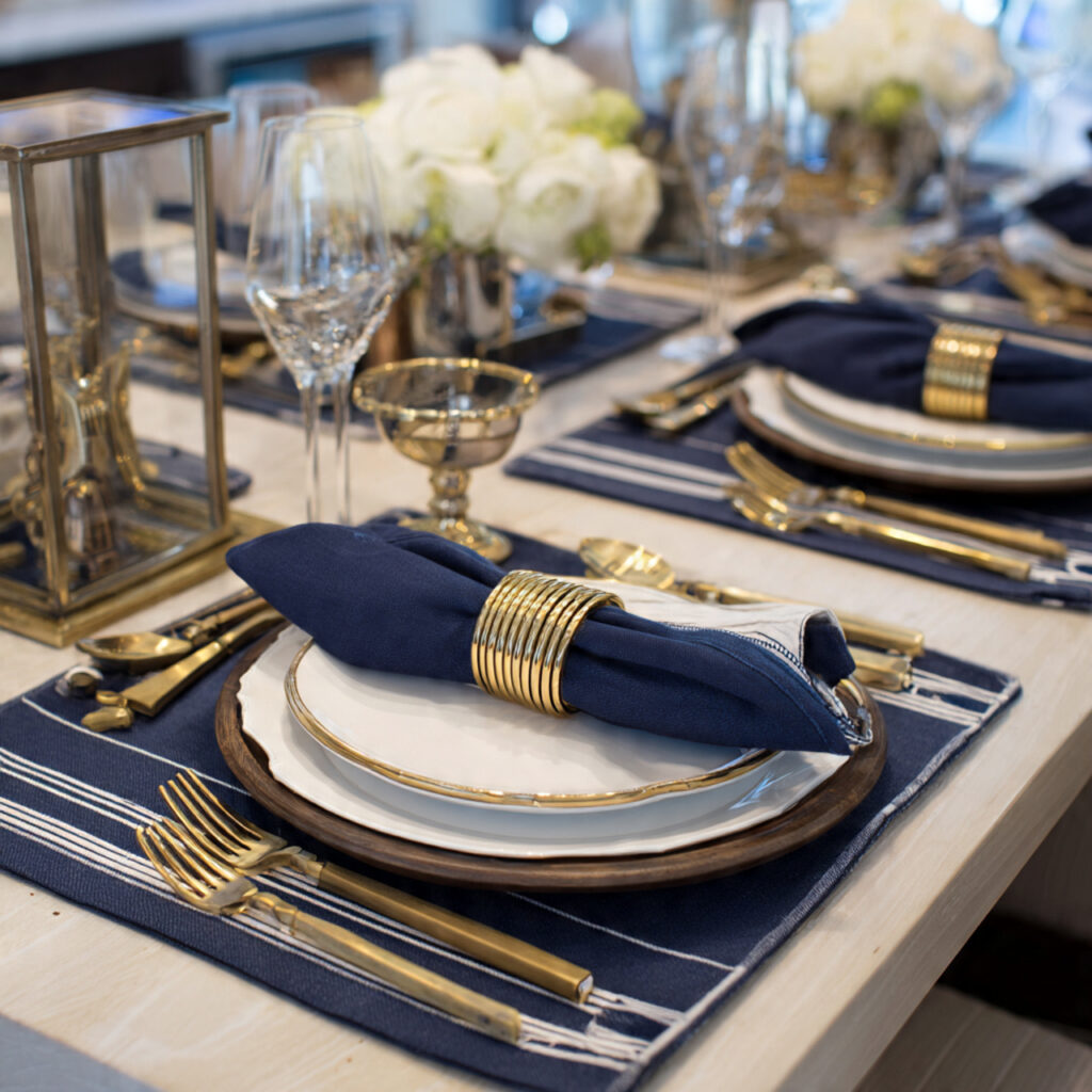 12 April Table Setting Ideas That Create a Bright and Elegant Spring Dining Experience You Must Try 9 Navy and White Spring Place Setting With Brass Accents