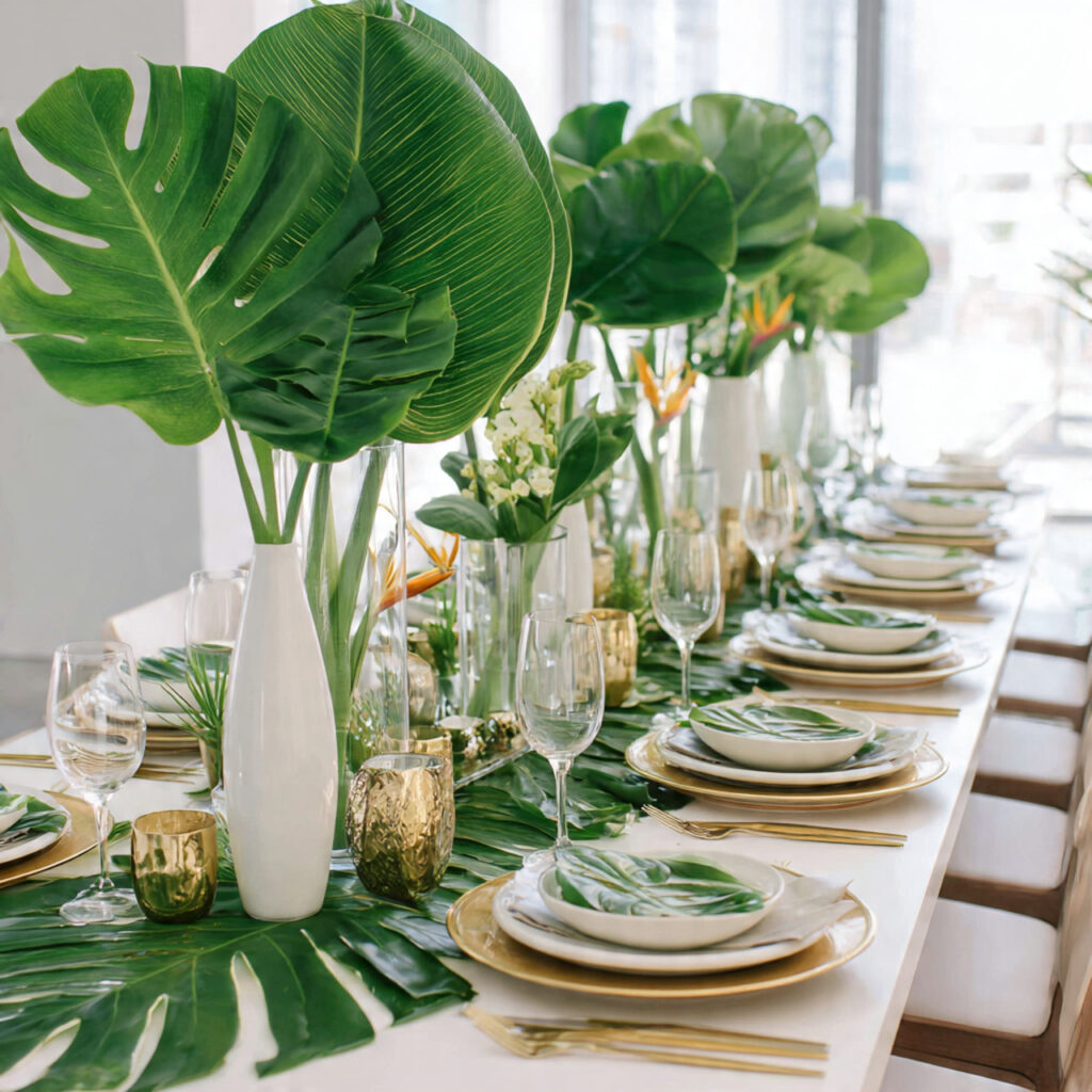 Tropical Spring Table With Bird of Paradise and Monstera Leaves