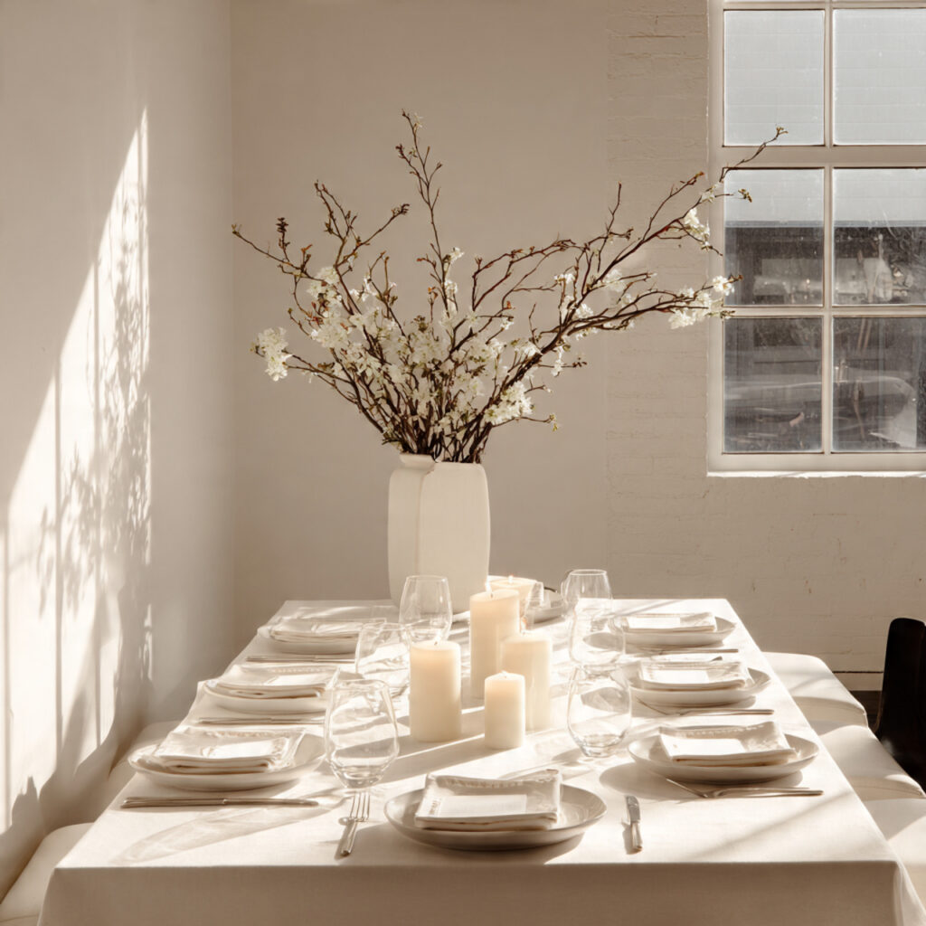 Monochromatic White Table With Sculptural Spring Branches