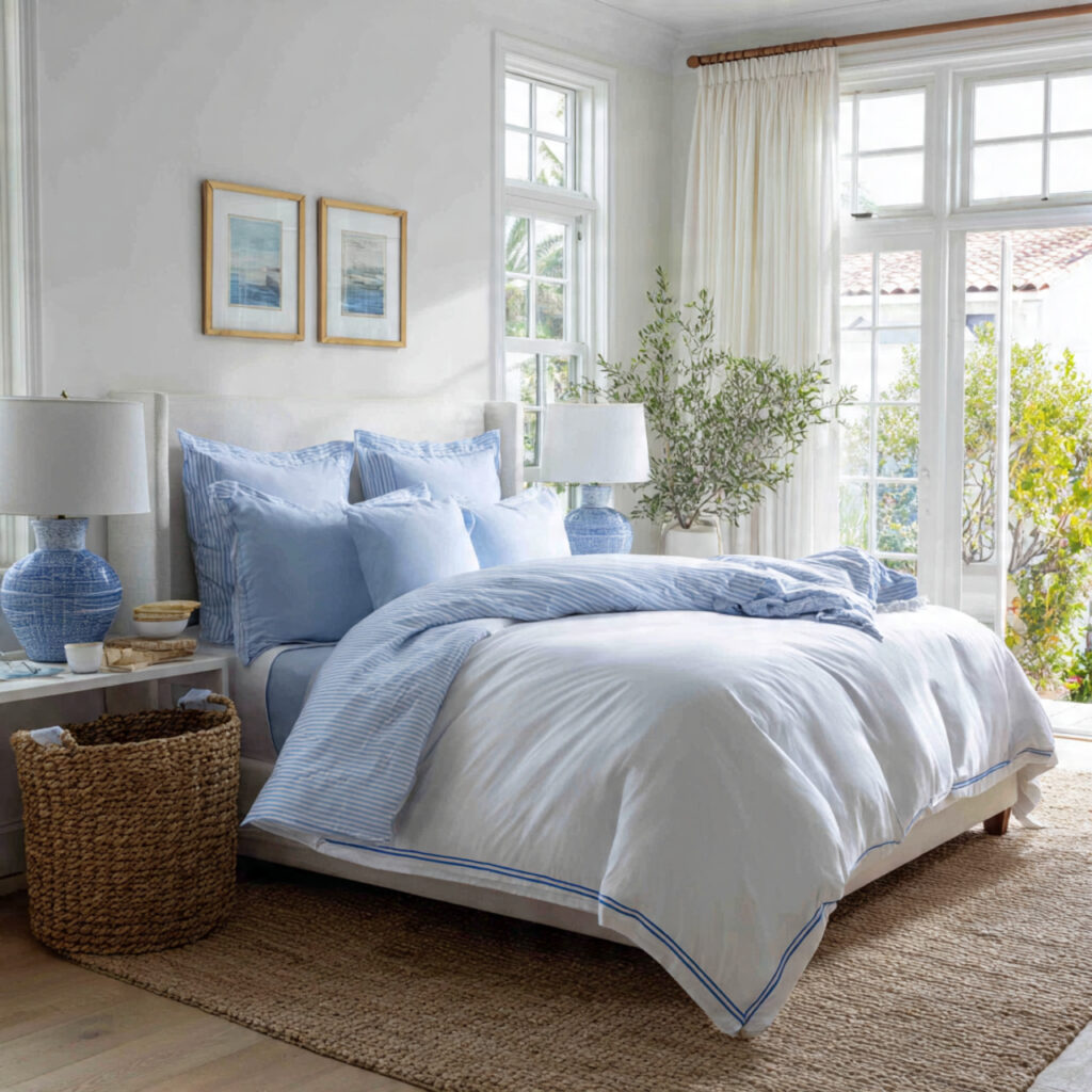 Amalfi Coast Inspired Blue and White Bedding Setup