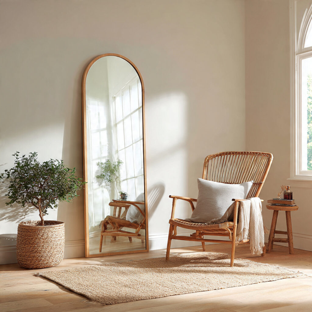 Arched Floor Mirror Styled as a Light-Amplifying Feature