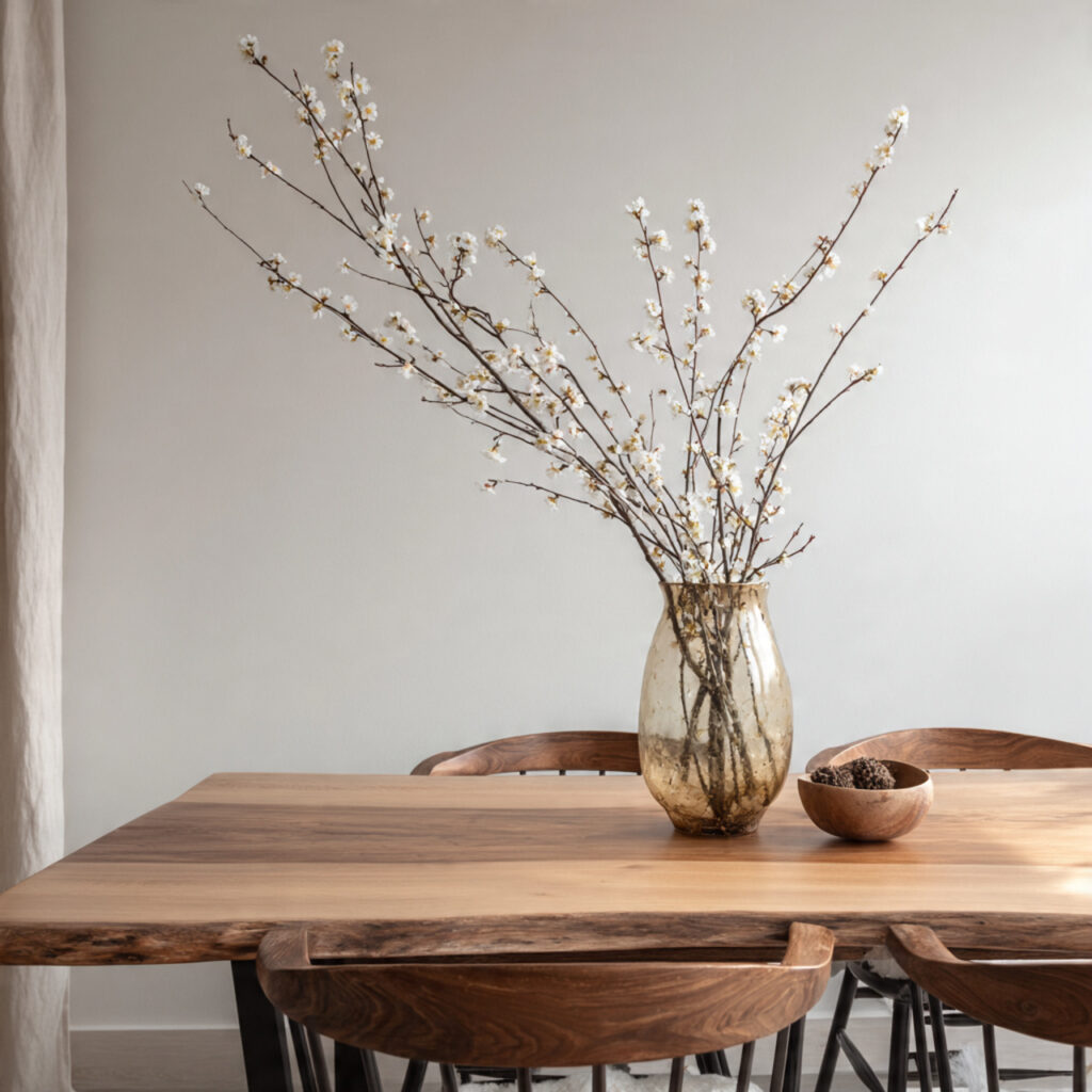 Branch and Blossom Vase on a Bare Wood Table