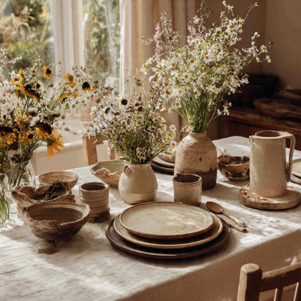 Cottagecore April Table With Hand-Thrown Pottery and Wildflowers