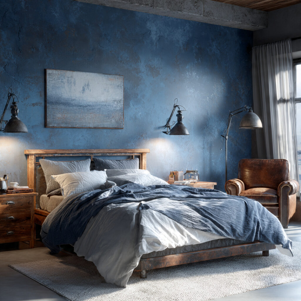Denim Blue Bedroom With Washed Cotton Bedding and Industrial Accents