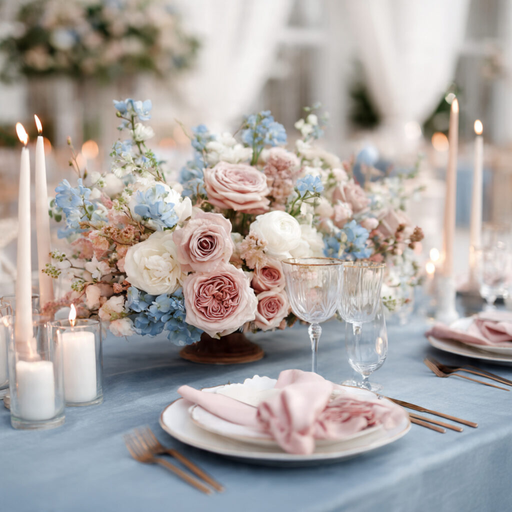 Dusty Blue and Blush Romantic Spring Table With Candlelight