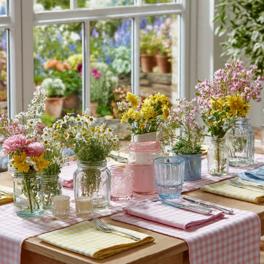 Gingham Check Runner in Spring Pastel With Garden Styling