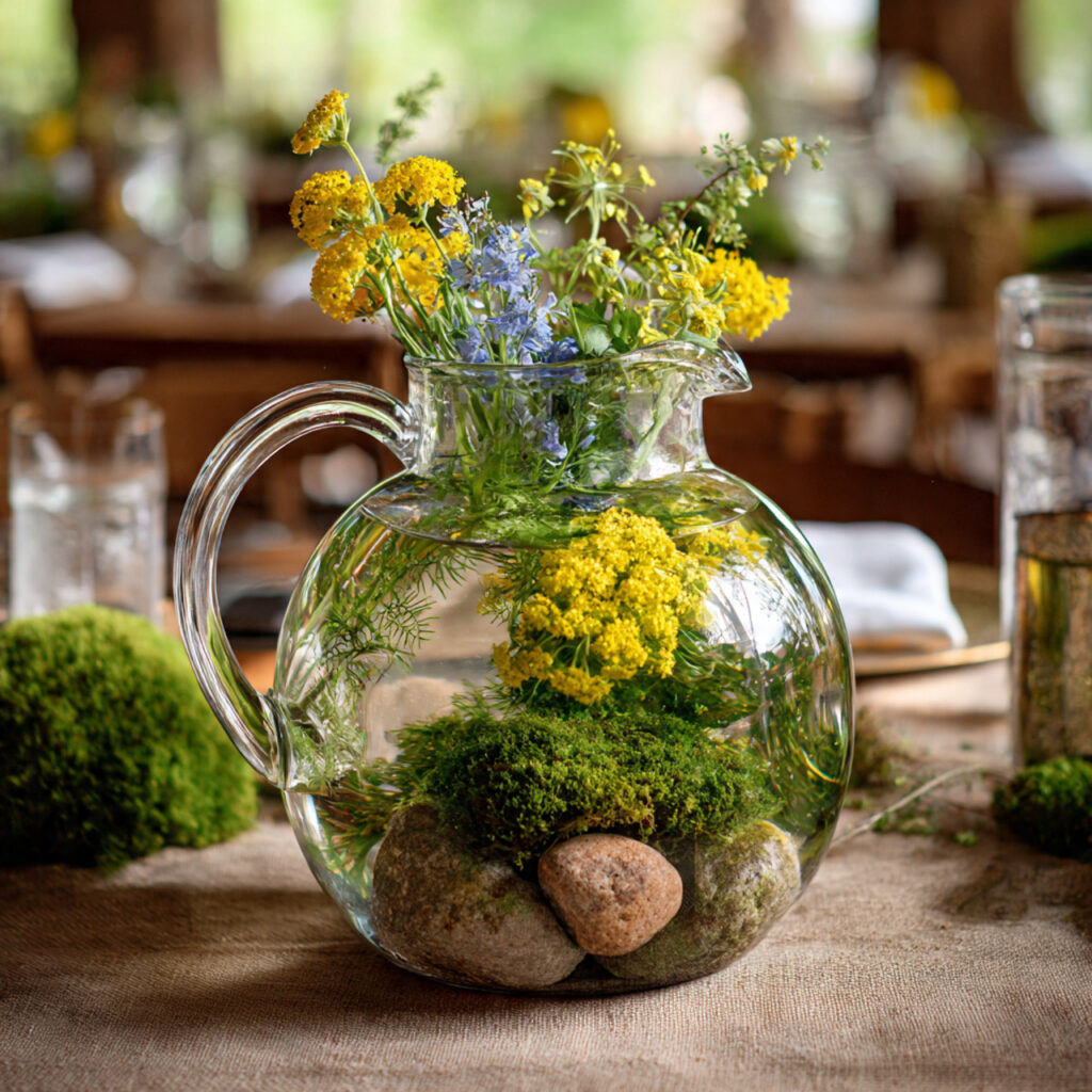 19 April Showers Table Decorations That Create a Fresh Rainy Spring Theme Start Styling Your Table Today 10 Glass Pitcher Rain Gauge Centerpiece With Wildflower Styling