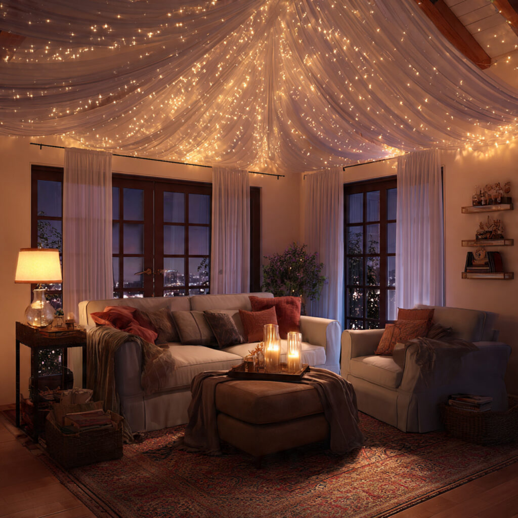 17 Cozy Summer Living Room Ideas That Feel Relaxing and Stylish Start Decorating Now 10 Low Ceiling Canopy of Warm String Lights