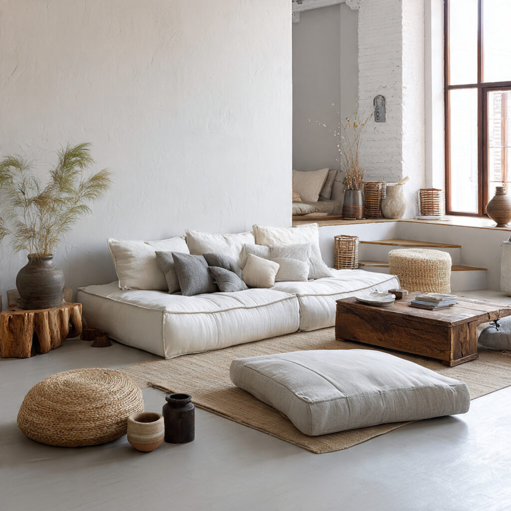 Low-Profile Sofa and Floor Cushion Seating Zone