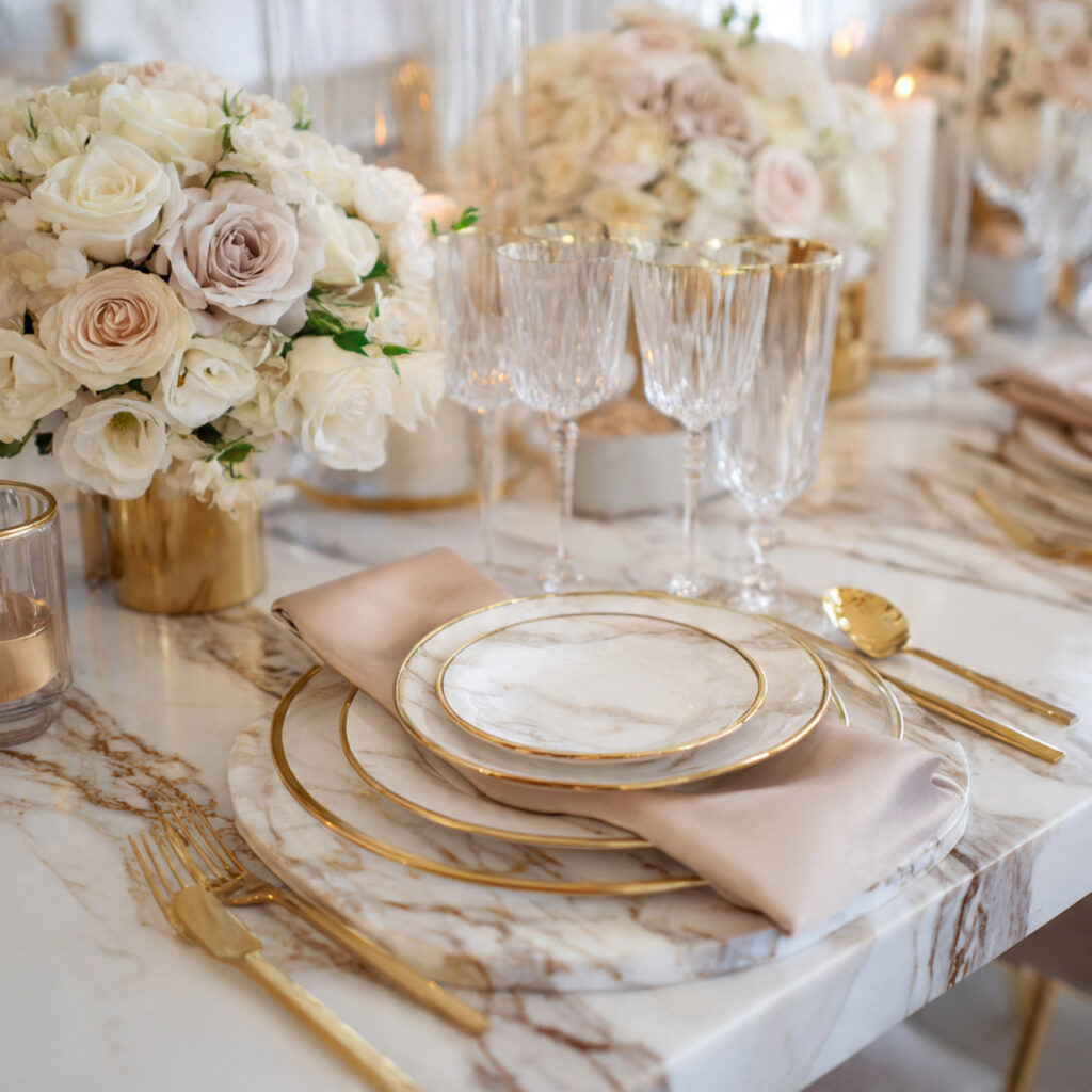 12 April Table Setting Ideas That Create a Bright and Elegant Spring Dining Experience You Must Try 10 Luxe Marble and Gold Place Setting With Champagne Tones