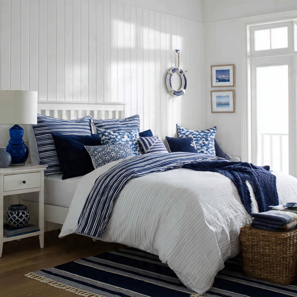 Navy and White Nautical Stripe Bedding Setup