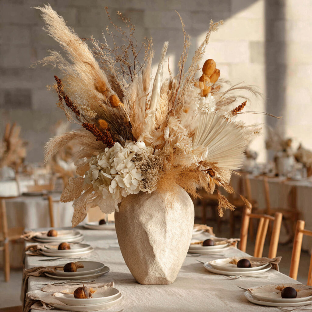Sculptural Dried Flower Centerpiece in a Stone Vase