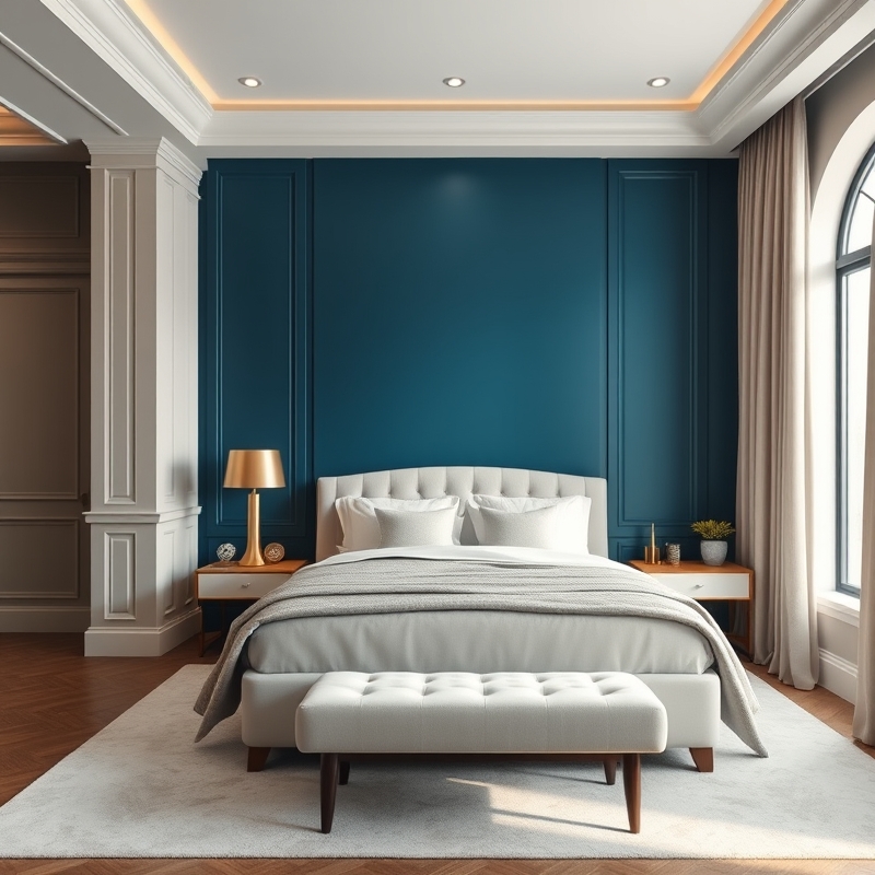 ocean blue wall with ivory bed and gold accents