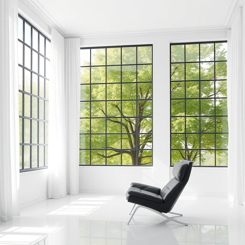 bright room with white walls and black framed large windows