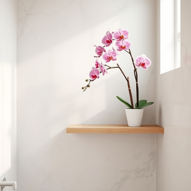 pink orchids on a floating shelf in bathroom