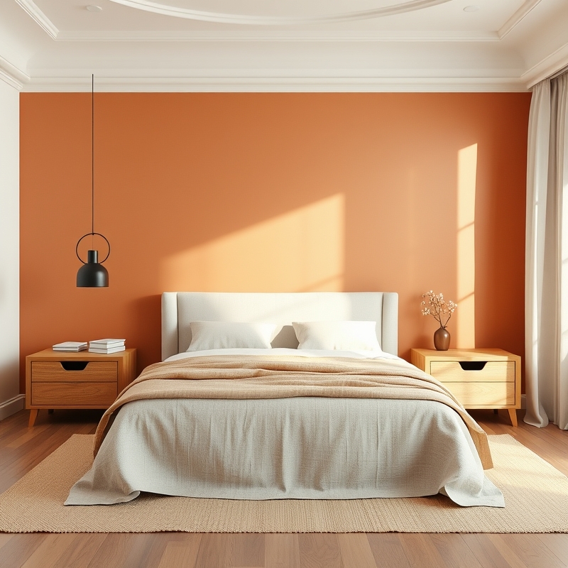 A bedroom wall painted a warm terracotta color behind the bed