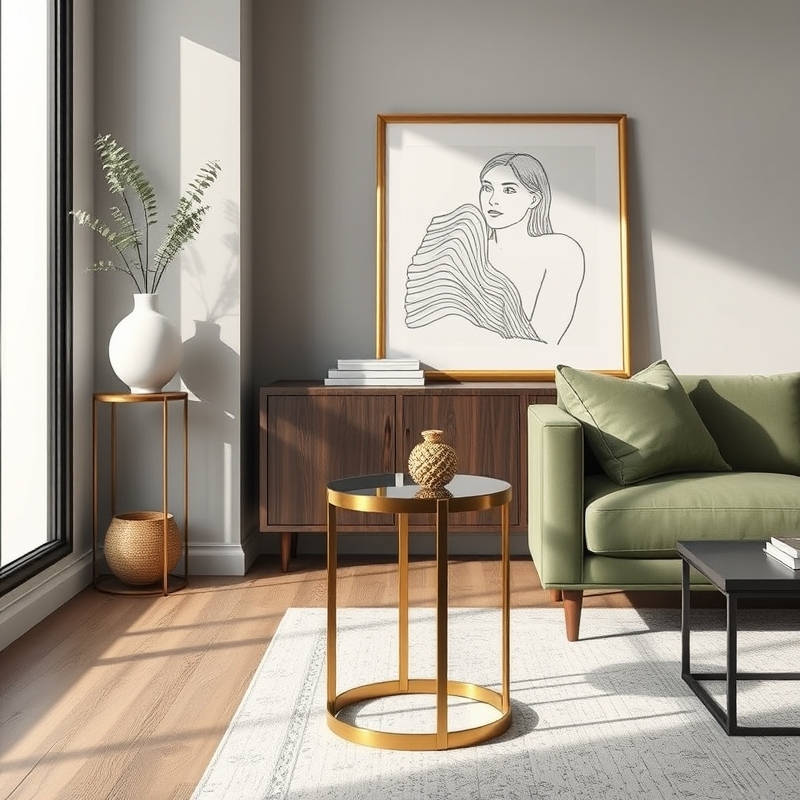 smoked glass side table with brass base next to accent chair