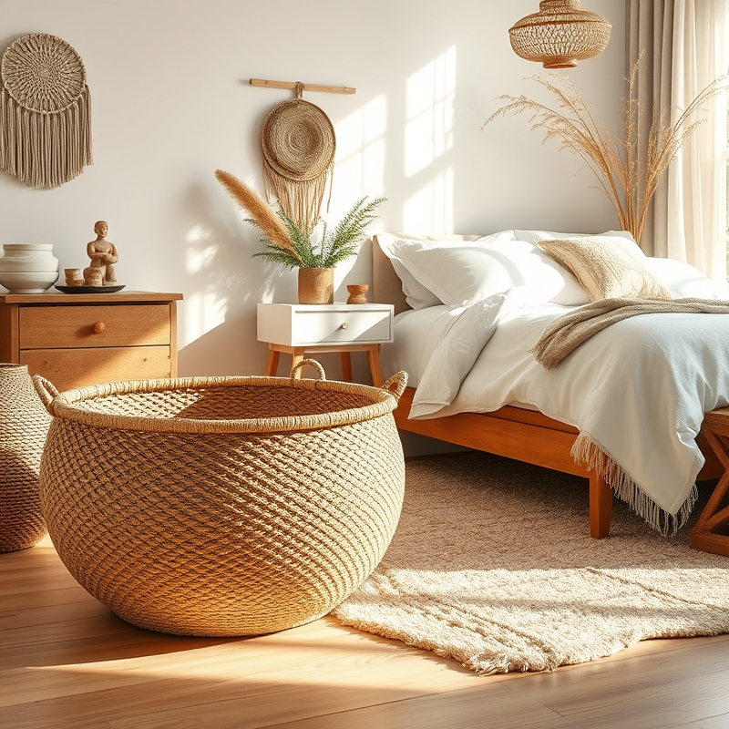 large woven basket on floor next to bed