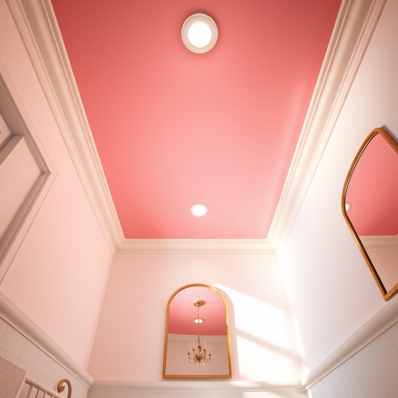 pink ceiling in a small bathroom