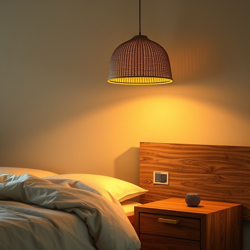 lamp with a rattan shade on a nightstand