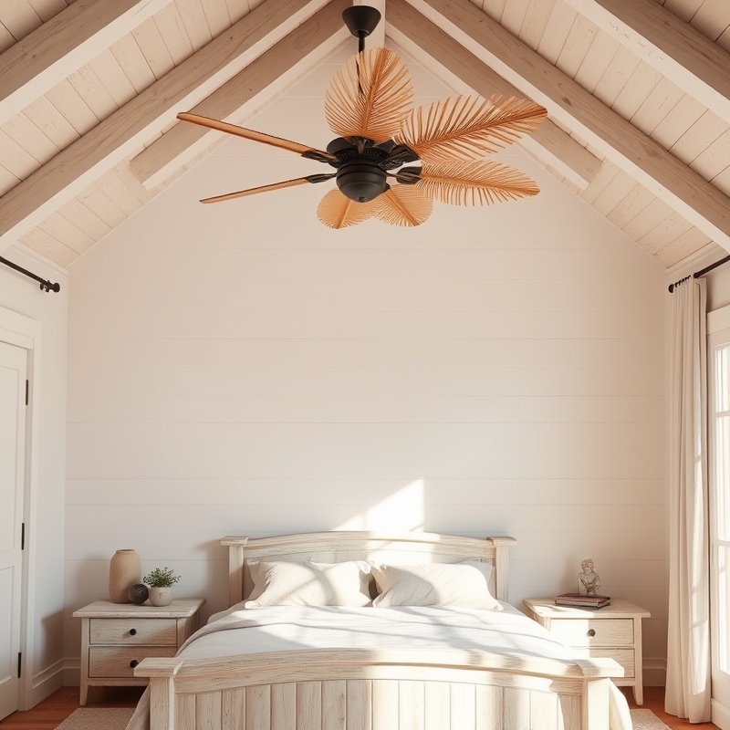 A bedroom with a rustic ceiling fan featuring woven palm leaf blades