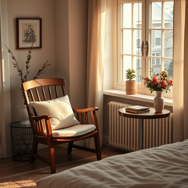 armchair placed by a window with a small side table and book